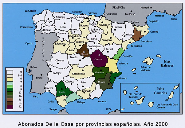 Distribucin por provincias espaolas de los abonados de telfono De la Ossa (de primer y segundo apellidos). Ao 2000.
