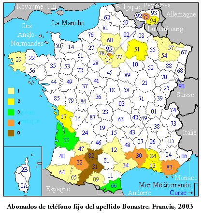 Distribucin departamental en Francia del apellido Bonastre. Ao 2003